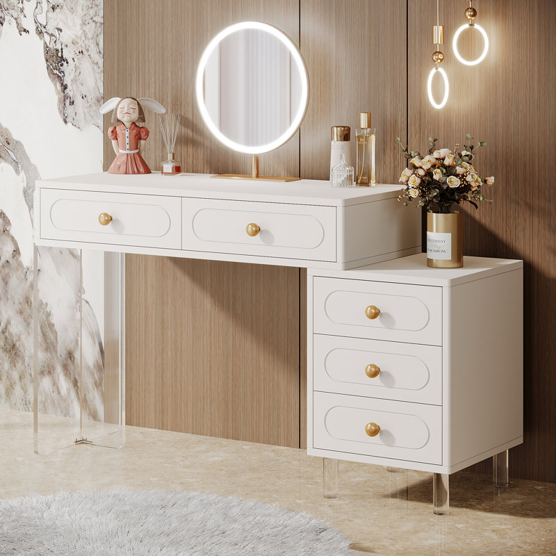Modern White Vanity Desk with 5 Drawers Only Table